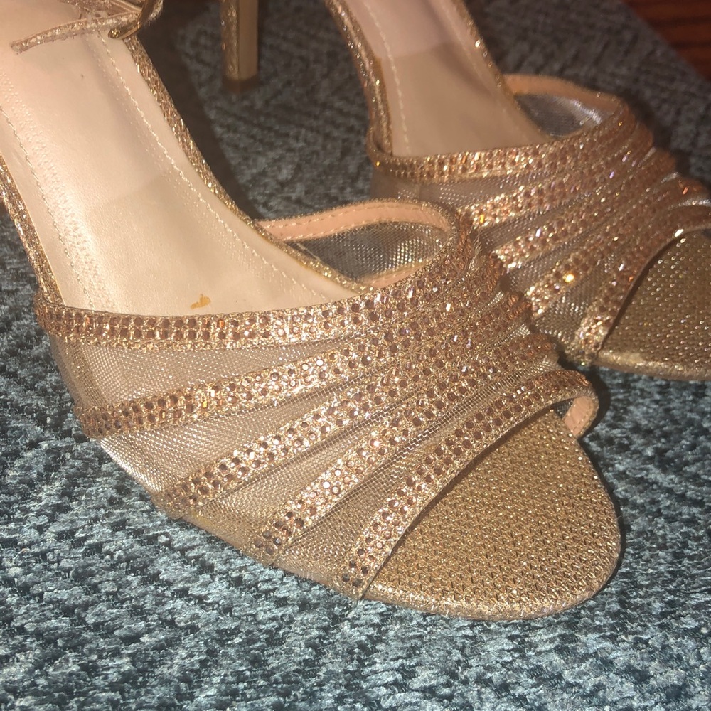 David's Bridal Sparkling Gold Strappy Heels - Picture 2 of 13